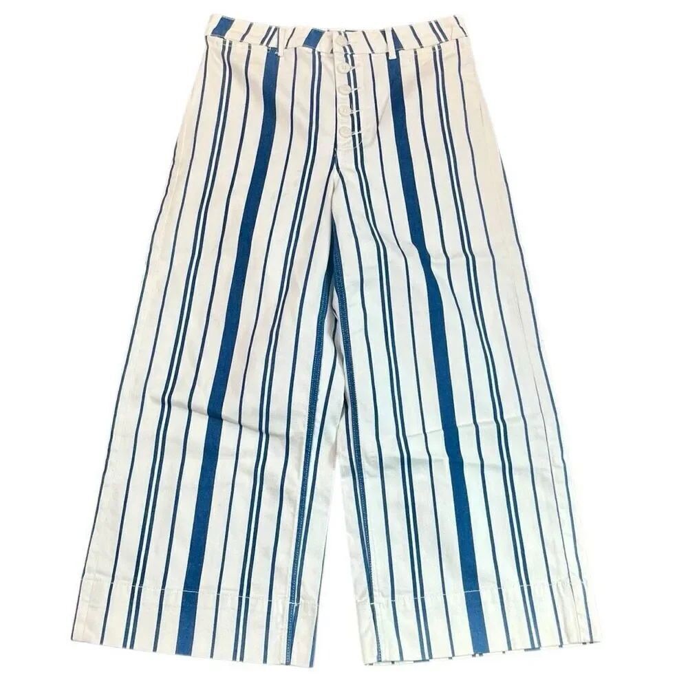 Anthropologie Wide Leg High Rise Blue & White Striped Pants 10